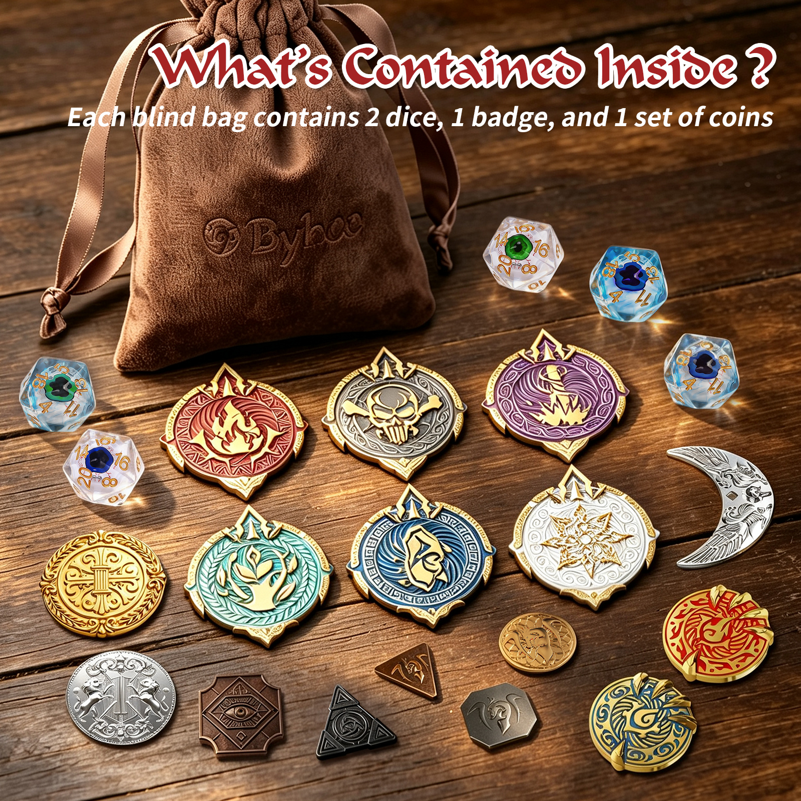 Byhoo Mystery Dice Set for DND - D20 Dice, Metal Coins & Magnetic Badge