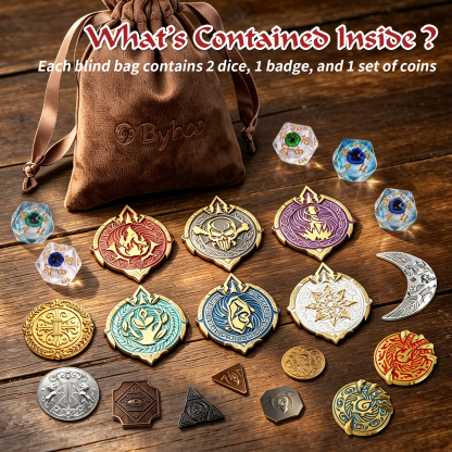 Byhoo Mystery Dice Set for DND - D20 Dice, Metal Coins & Magnetic Badge