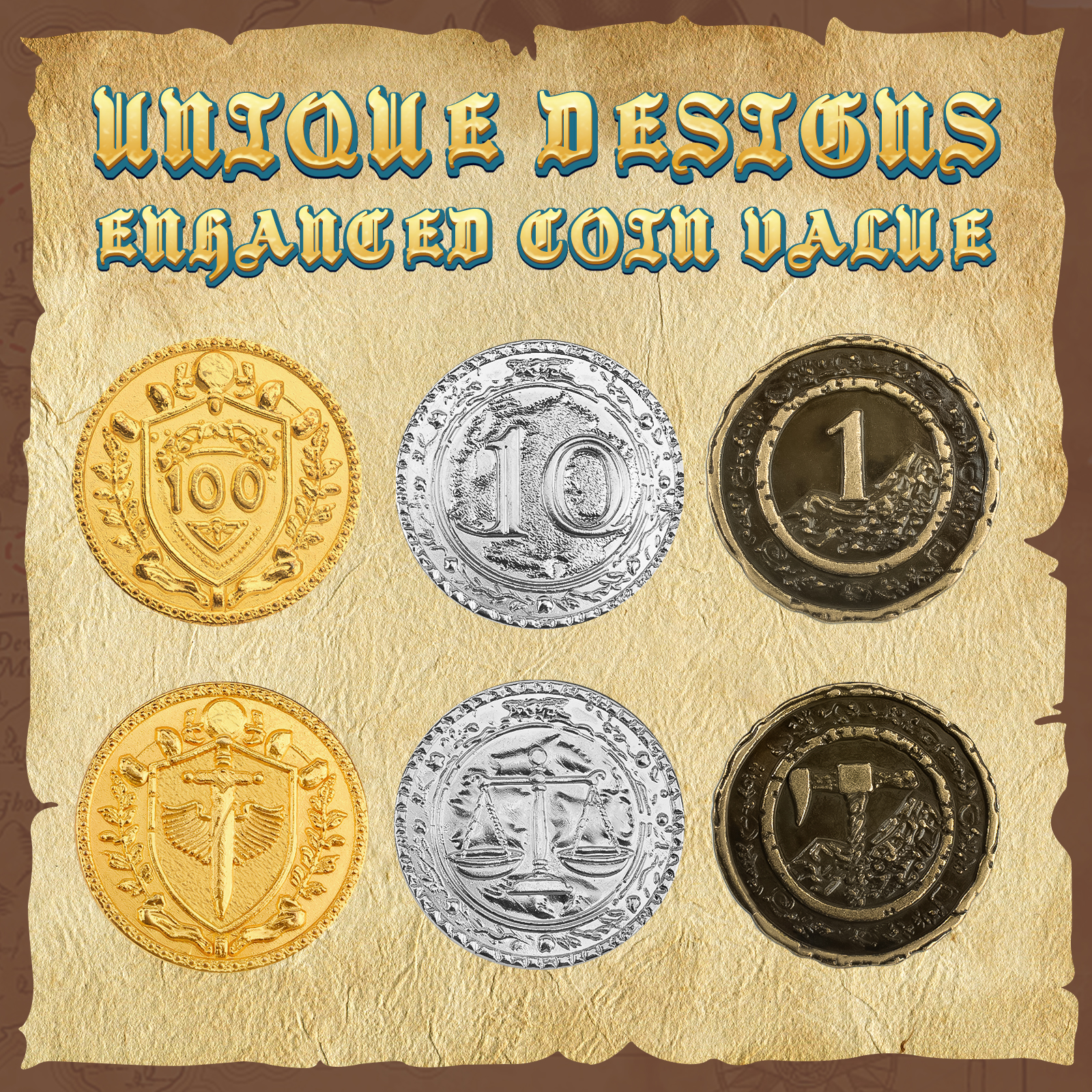 Byhoo Metal DND Coins, 1.2" Gold Silver Copper Tokens with Face Value for Board Game and Tabletop RPG, Fantasy Metal Coins for Pirate Game Party Cosplay