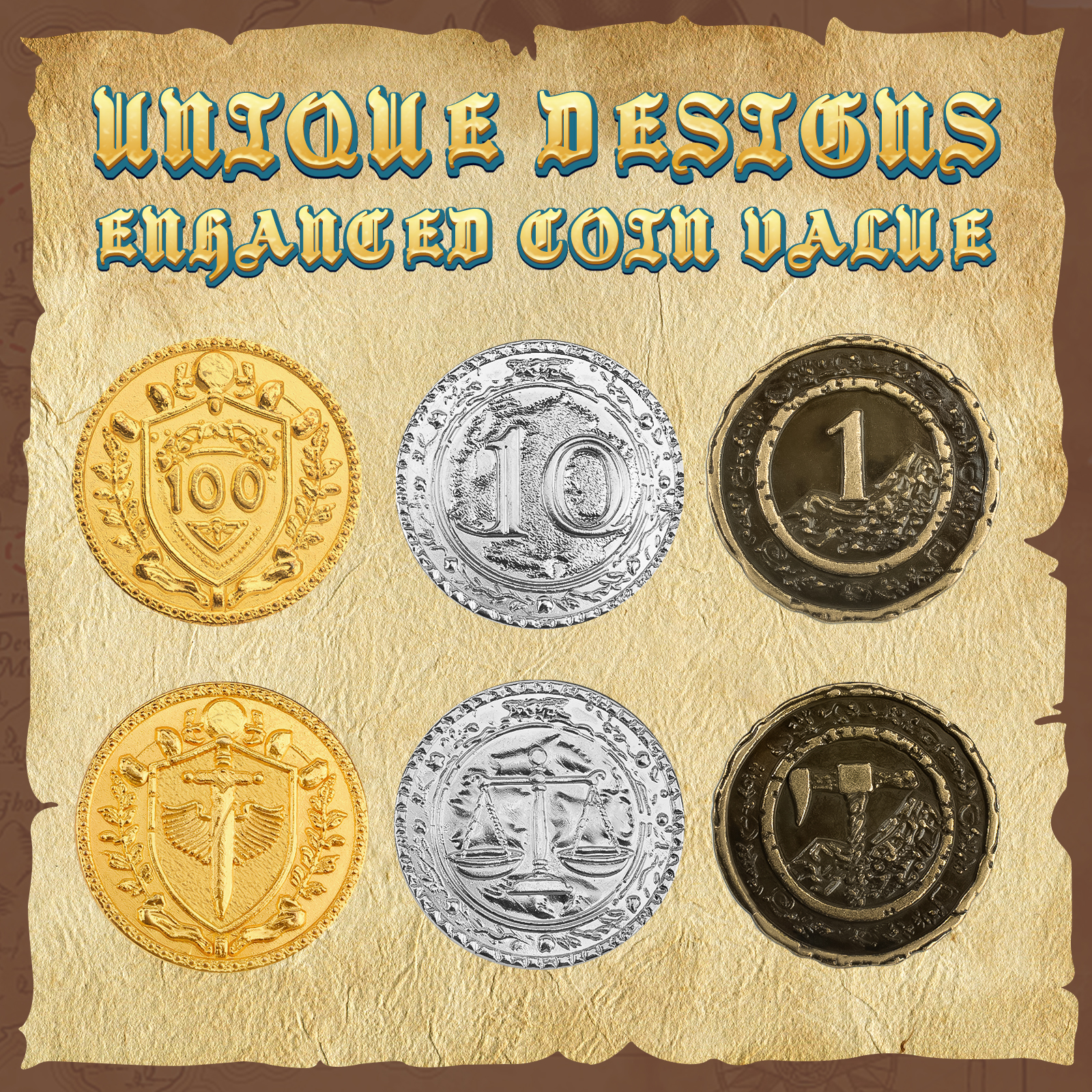 Byhoo Metal DND Coins, 1.2" Gold Silver Copper Tokens with Face Value for Board Game and Tabletop RPG, Fantasy Metal Coins for Pirate Game Party Cosplay