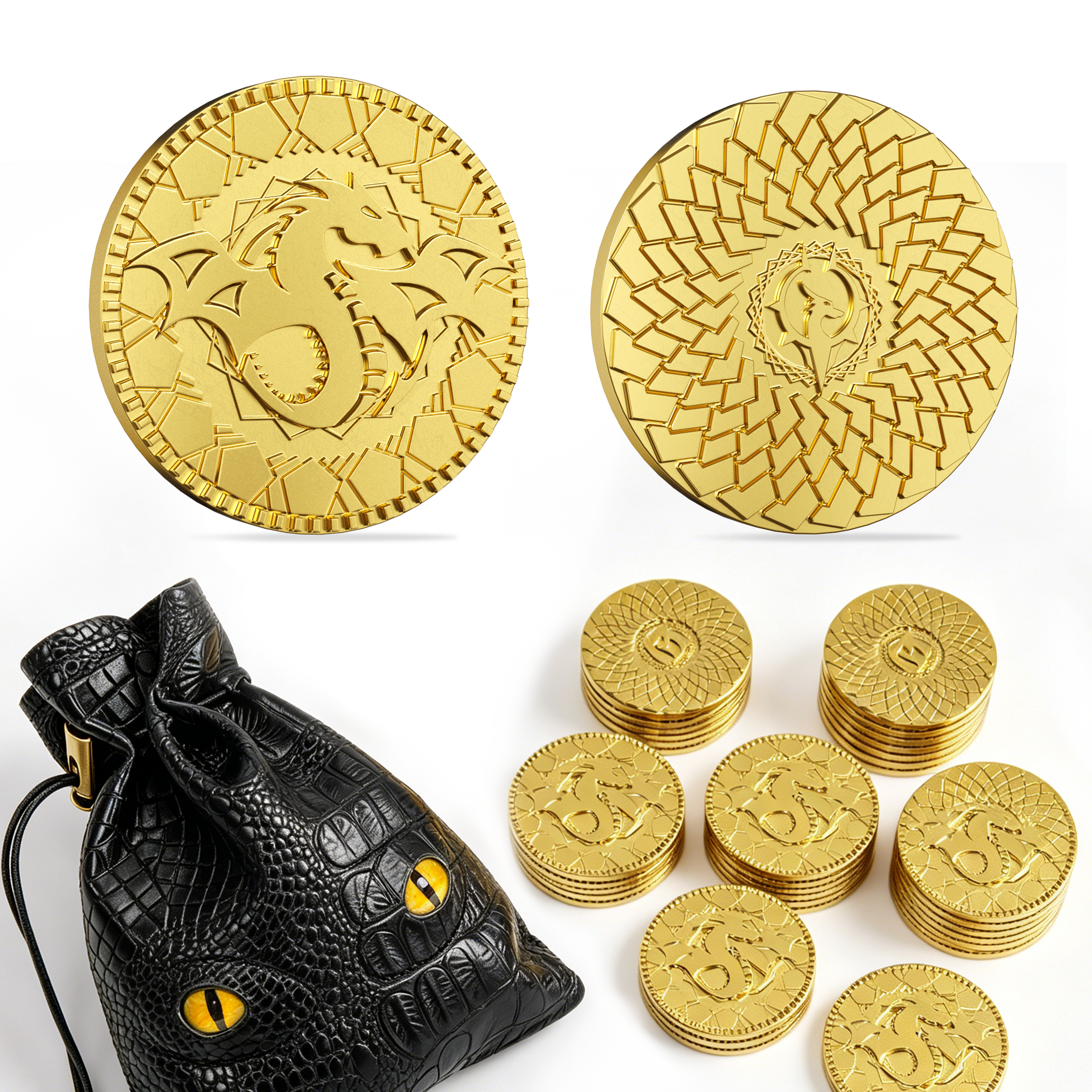 Byhoo 100 Metal Fantasy Coins with PU Leather Pouch, Gold Coins for DND Board Game, Golden Game Tokens Store in The Coins Bag, DND Accessories for from New to Master, Retro Board Game Gifts for DM