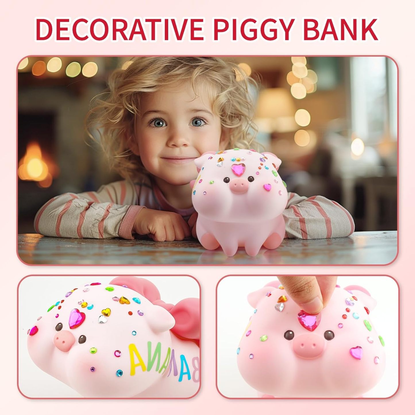 Lovely Piggy Bank for Kids, Plastic Pig Coin and Money Bank, Large Size Kids Piggy Bank with Name Sticker and Stickable Rhinestones, Ideal Birthday Easter for Girls Boys