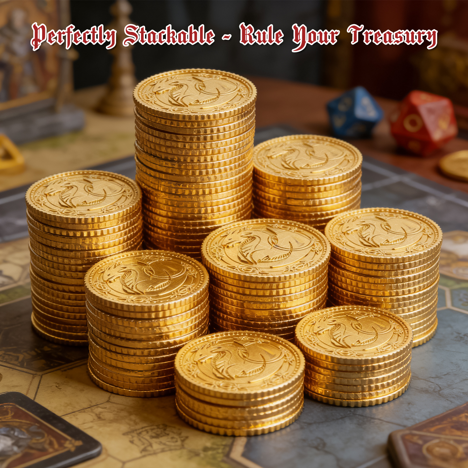 Byhoo Gold Coins 100 PCS Coins for Collectors, Dragon Yue DND Metal Coins with Leather Pouch, Large Treasure Set for Dungeons and Dragons, Heavy Metal Double-Sided Dragon & Axe Relief RPG Accessories