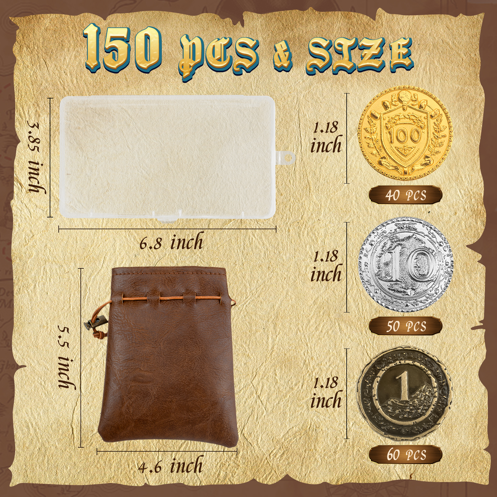 Byhoo Metal DND Coins, 1.2" Gold Silver Copper Tokens with Face Value for Board Game and Tabletop RPG, Fantasy Metal Coins for Pirate Game Party Cosplay