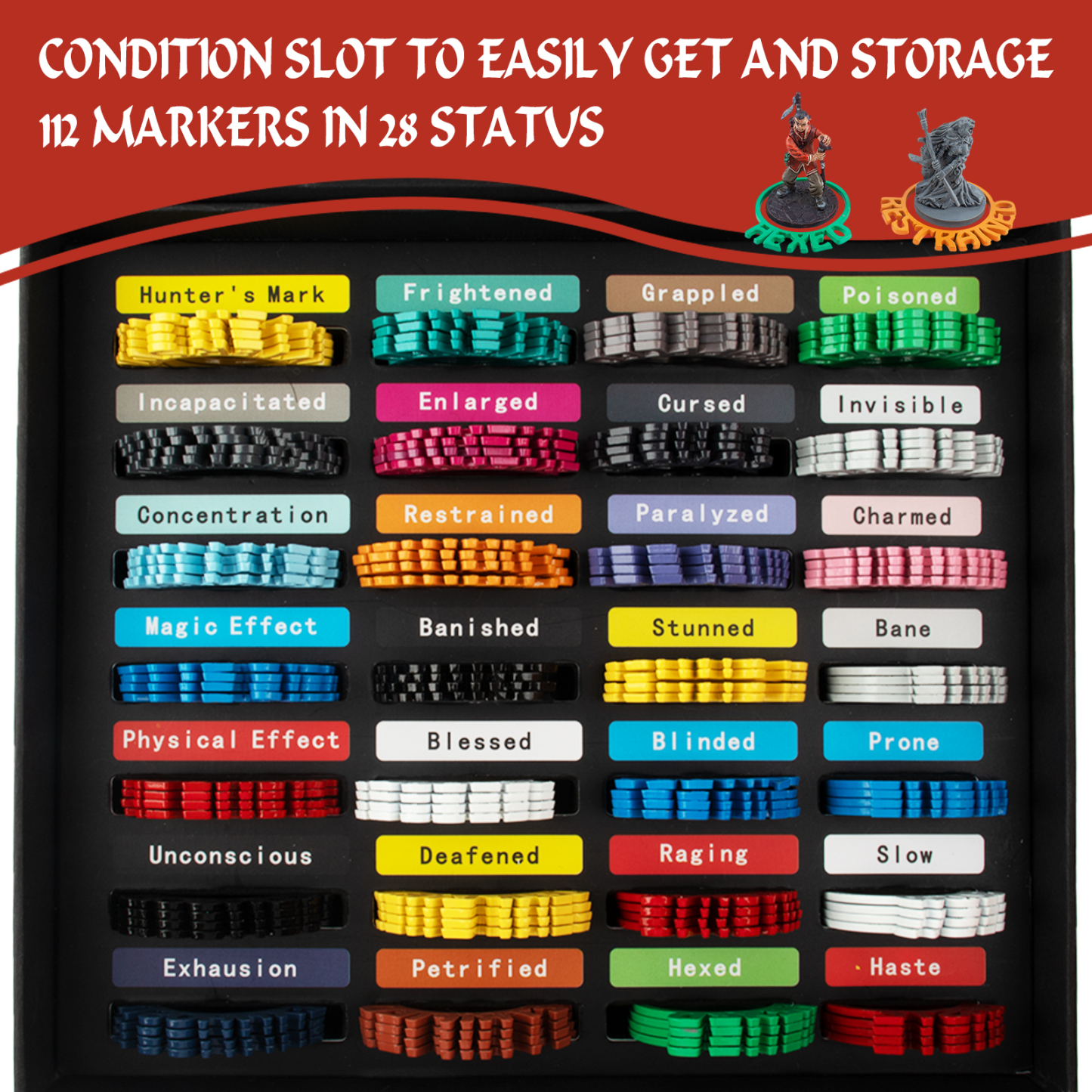 Byhoo Metal DND Condition Rings in 28 Markers with Spell Template, 112PCS DND Miniatures Status Effect Rings with Storage Box, Ideal Gift for D&D Pathfinder and More Tabletop RPG
