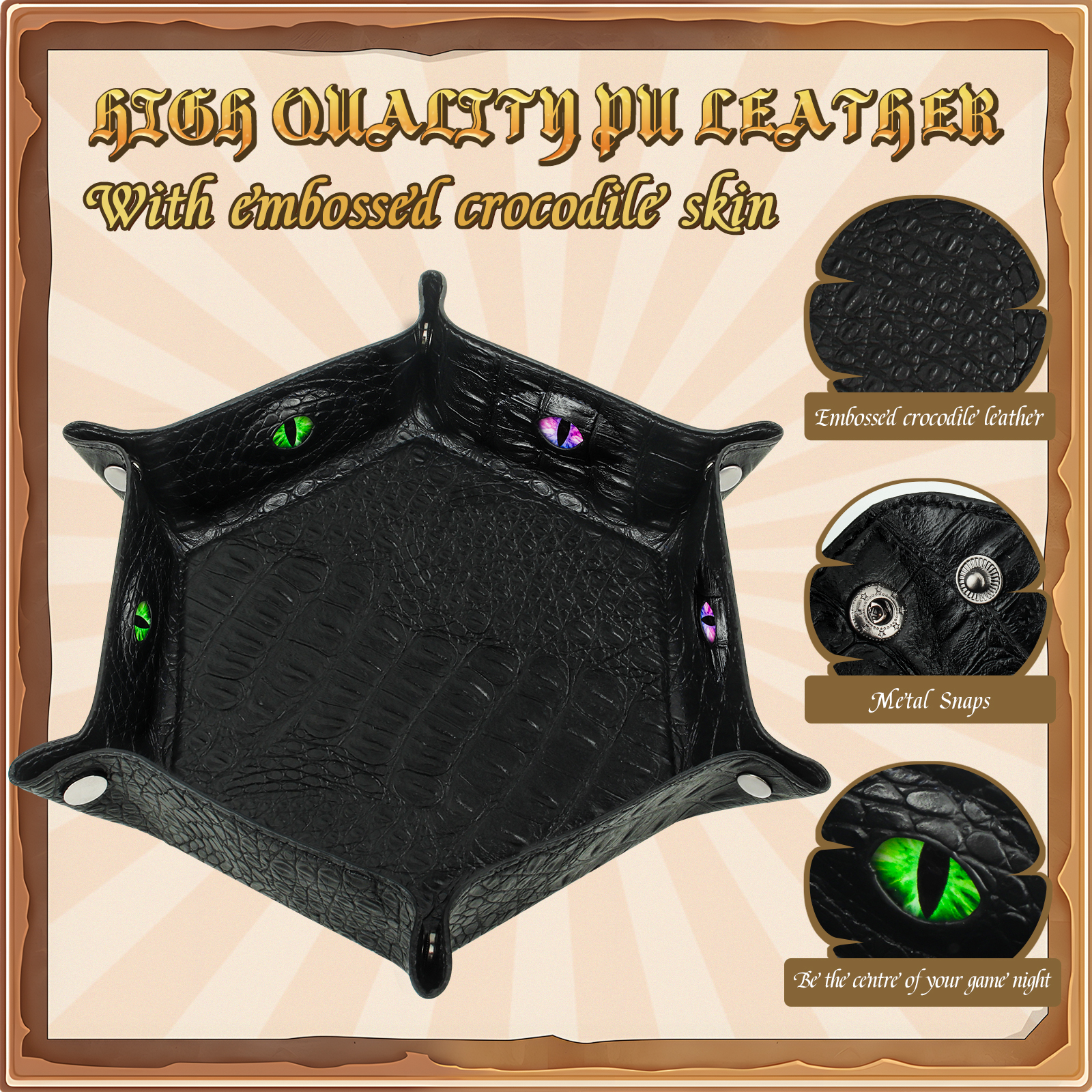Byhoo 1Pcs Crocodile Pattern DND Dice Tray-Black