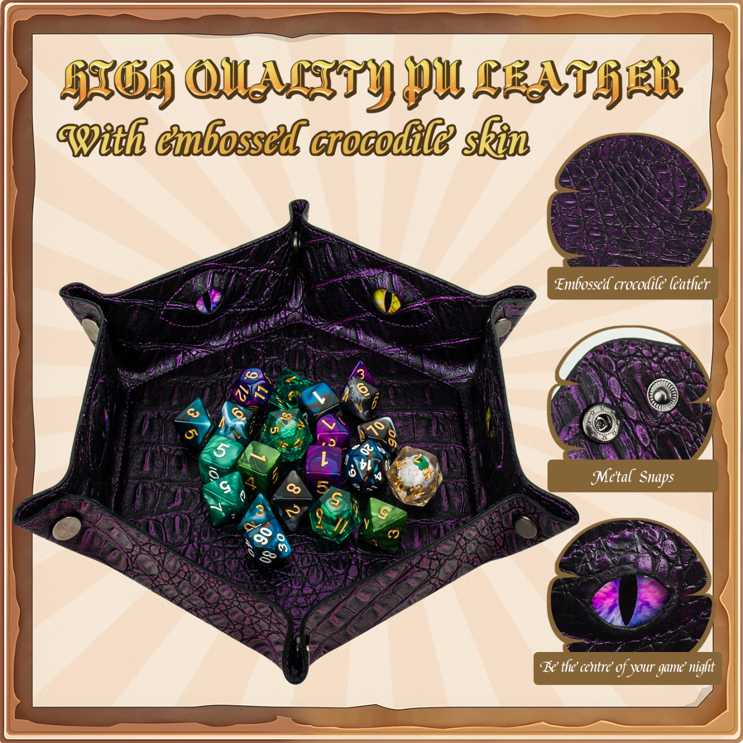 Byhoo 1Pcs Crocodile Pattern DND Dice Tray-Purple