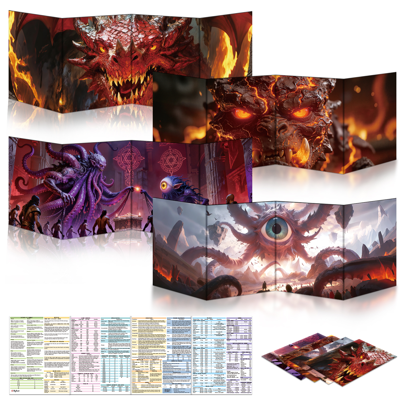 Byhoo DM Screen with Immersive Monstrous Lords Themes - Premium DM Screen 5e for D&D, Waterproof Reusable Surface, Tri-Fold Portable A4 Size Compatible with 5E Rules