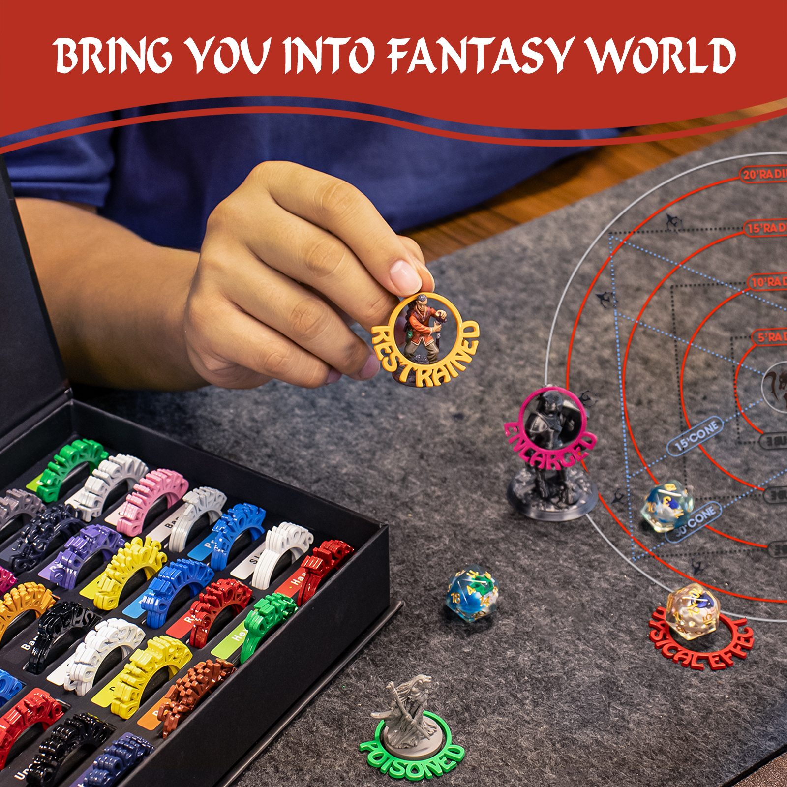 Byhoo Metal DND Condition Rings in 28 Markers with Spell Template, 112PCS DND Miniatures Status Effect Rings with Storage Box, Ideal Gift for D&D Pathfinder and More Tabletop RPG