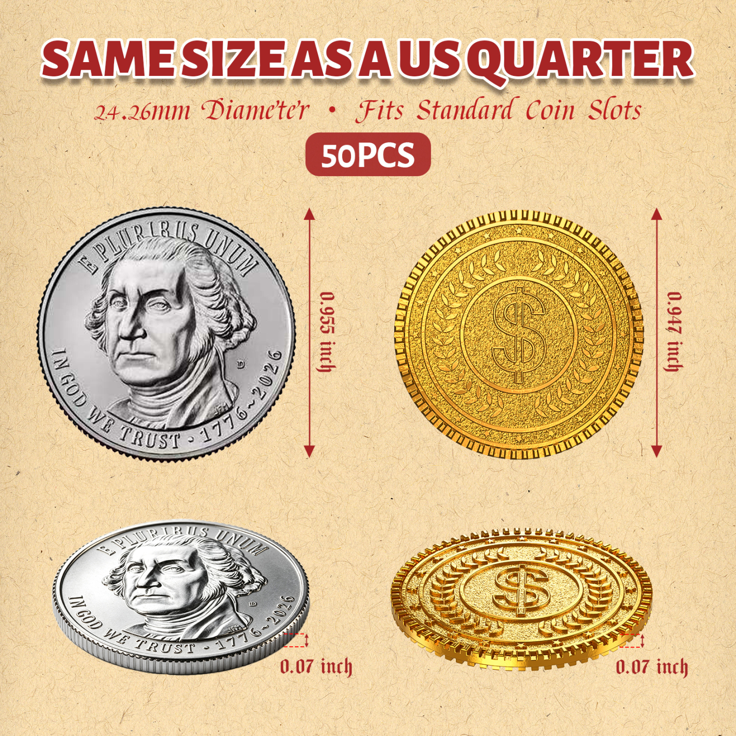 Byhoo Gold Coins 50Pcs, Metal Coins for Coin Pusher Machine & DND Game