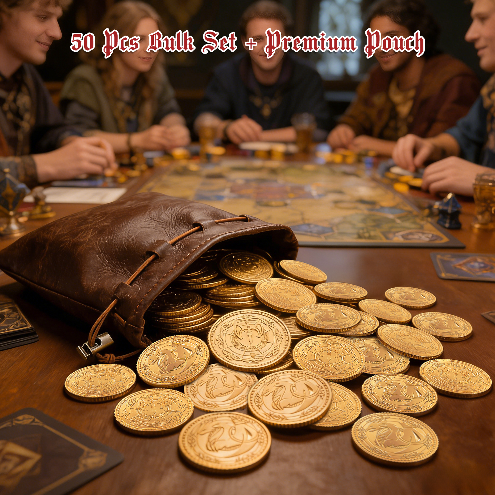 Byhoo Gold Coins 100 PCS Coins for Collectors, Dragon Yue DND Metal Coins with Leather Pouch, Large Treasure Set for Dungeons and Dragons, Heavy Metal Double-Sided Dragon & Axe Relief RPG Accessories