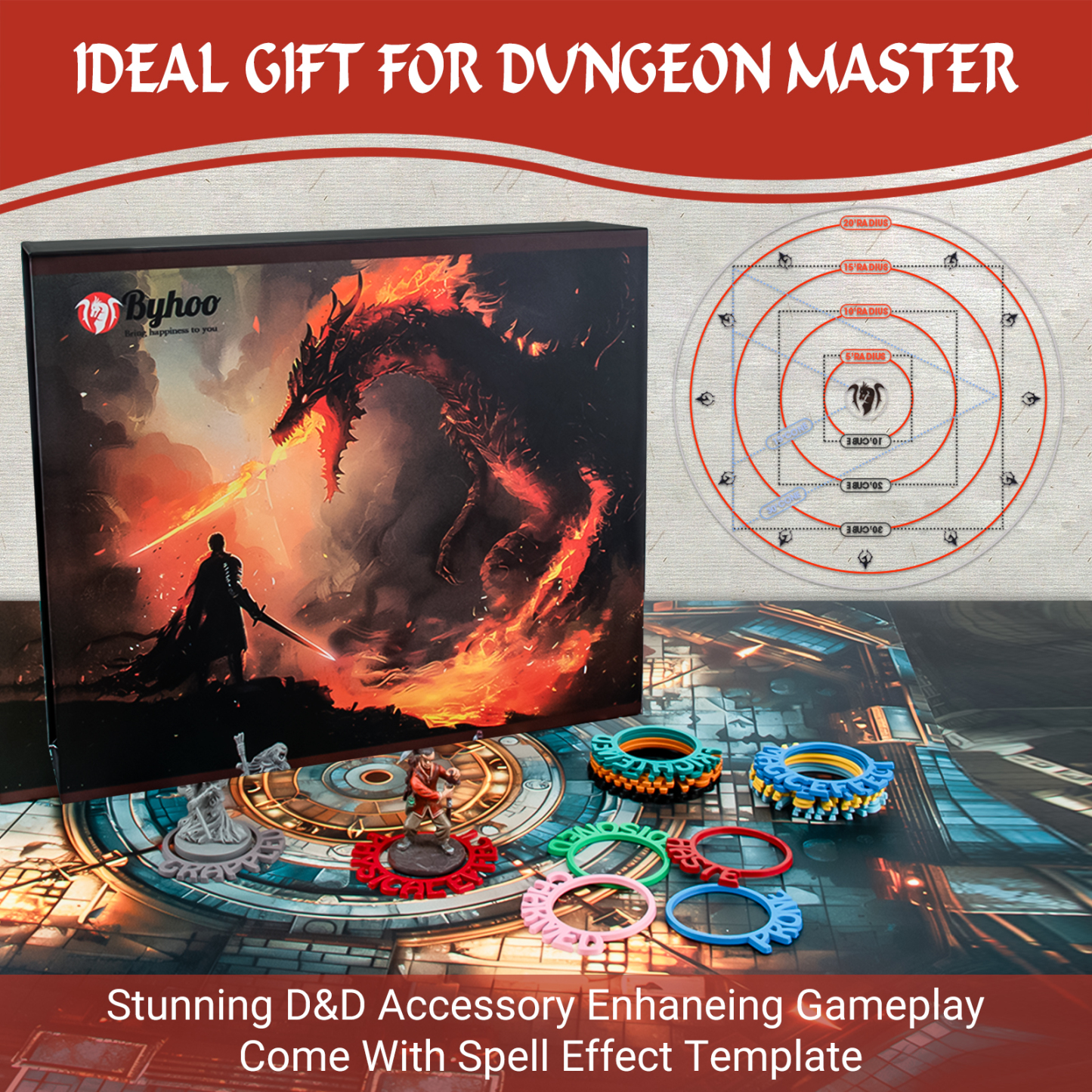 Byhoo Metal DND Condition Rings in 28 Markers with Spell Template, 112PCS DND Miniatures Status Effect Rings with Storage Box, Ideal Gift for D&D Pathfinder and More Tabletop RPG