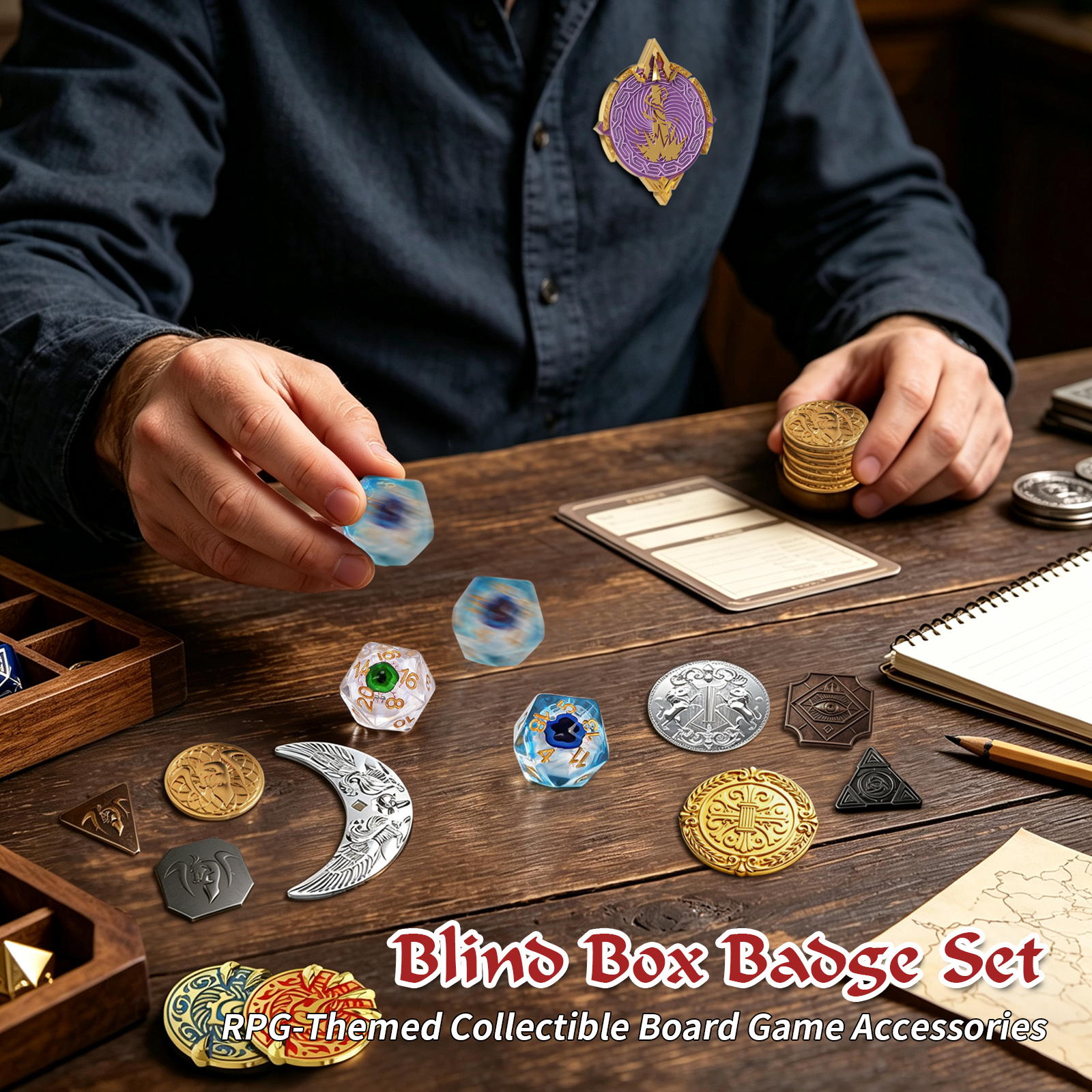 Byhoo Mystery Dice Set for DND - D20 Dice, Metal Coins & Magnetic Badge