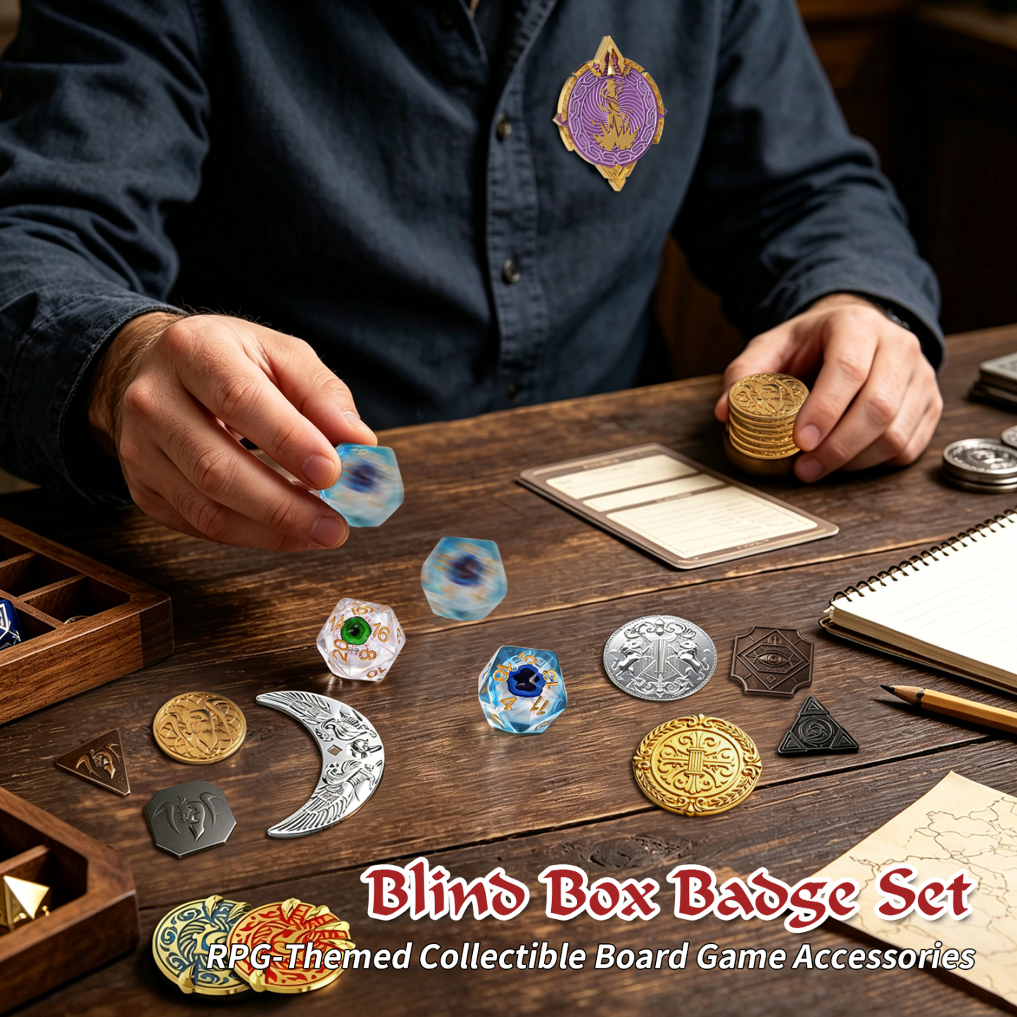 Byhoo Mystery Dice Set for DND - D20 Dice, Metal Coins & Magnetic Badge