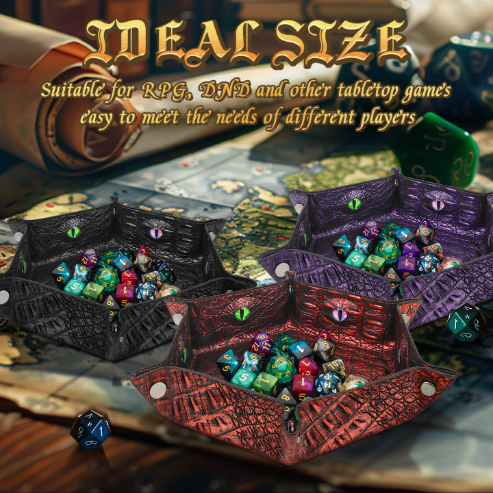 Byhoo 3 Pieces Crocodile Pattern DND Dice Tray, Foldable Hexagonal Dice Rolling Tray, Glow-in-The-Dark Eye Dice Tray, Perfect for RPGs, DND, and Tabletop Games(Black/Purple/Red)