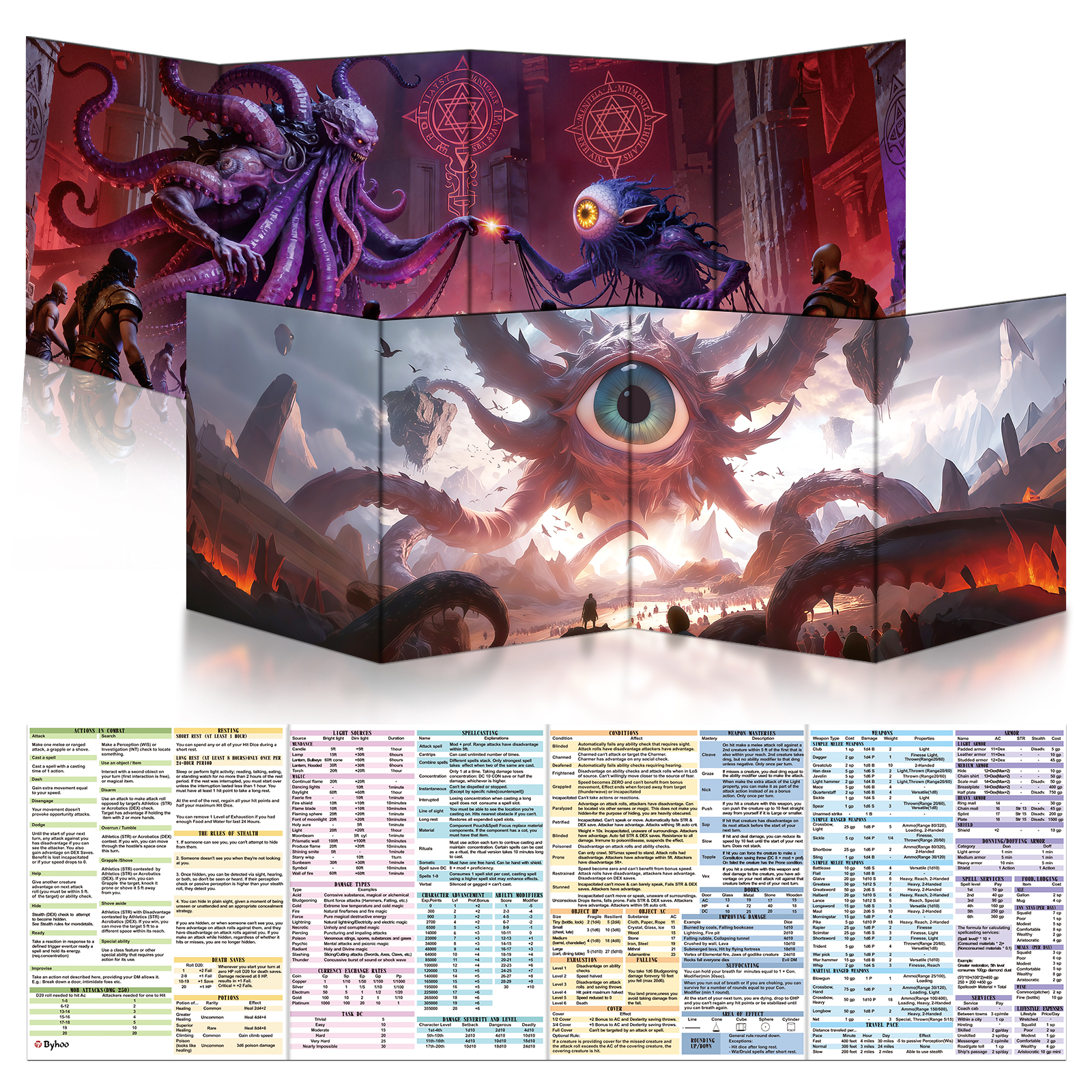 Byhoo DM Screen with Immersive Monstrous Lords Themes - Premium DM Screen 5e for D&D, Waterproof Reusable Surface, Tri-Fold Portable A4 Size Compatible with 5E Rules