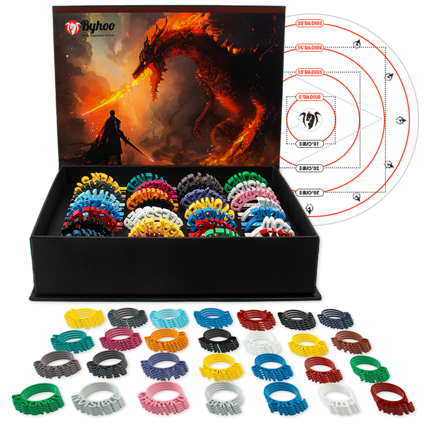 Byhoo Metal DND Condition Rings in 28 Markers with Spell Template, 112PCS DND Miniatures Status Effect Rings with Storage Box, Ideal Gift for D&D Pathfinder and More Tabletop RPG