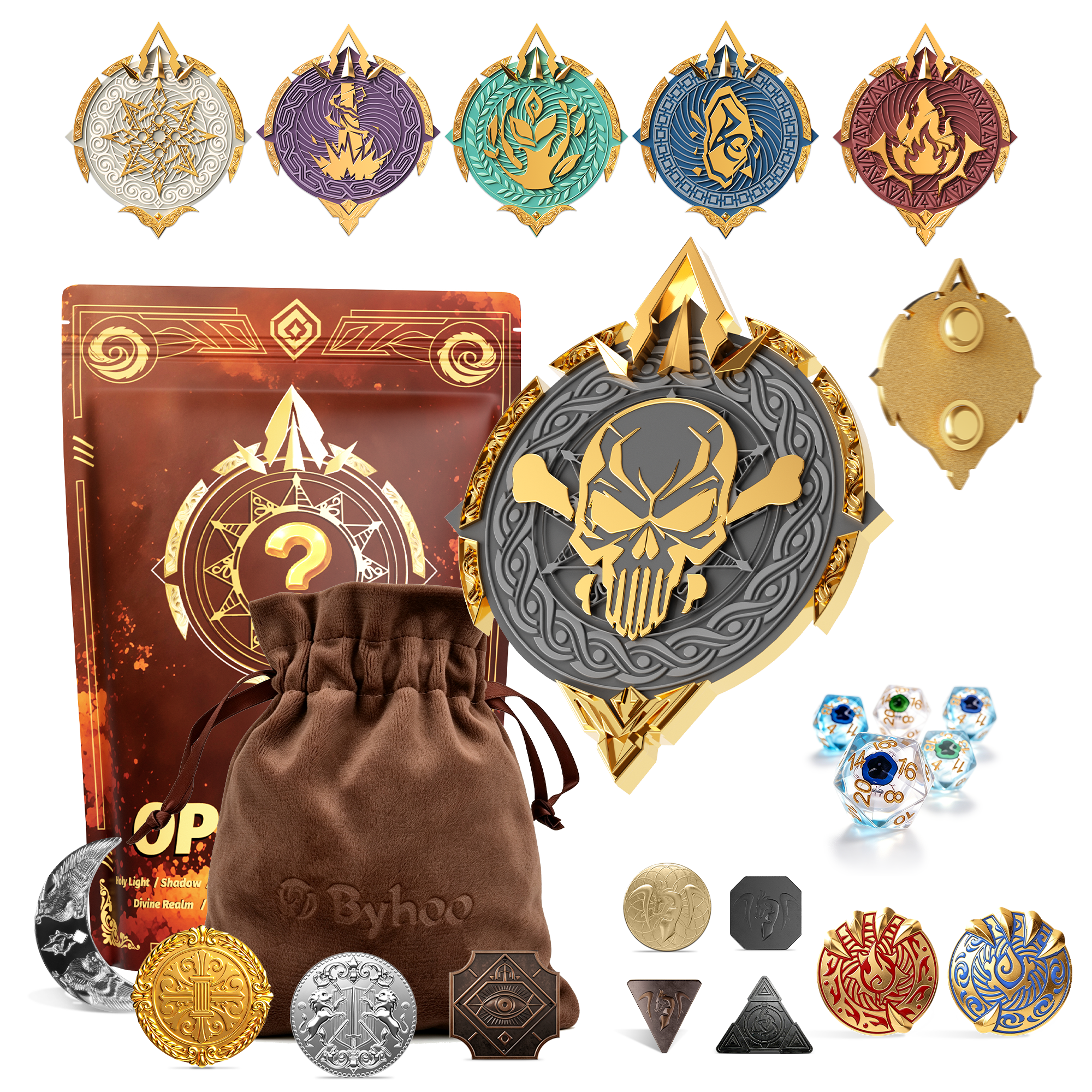 Byhoo Mystery Dice Set for DND - D20 Dice, Metal Coins & Magnetic Badge