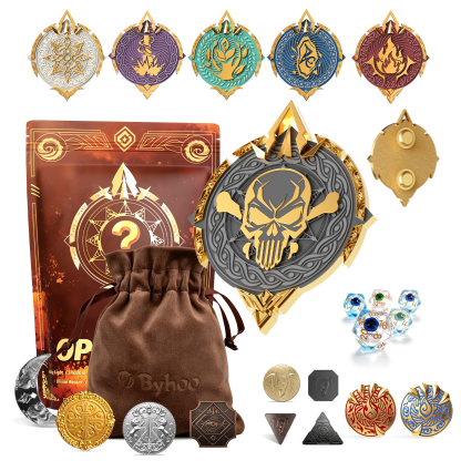 Byhoo Mystery Dice Set for DND - D20 Dice, Metal Coins & Magnetic Badge