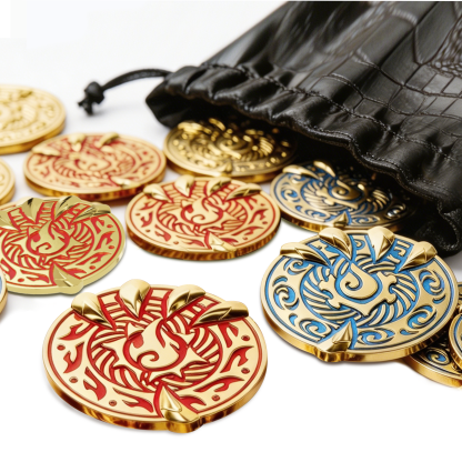 Byhoo Gold Coin, Savage Dragon Claw Metal Coins for DND with Mystical Green Eye Pouch, 3D Relief Water & Fire Element Enamel Treasure, Heavy Metal Dragon Claw Decision Tokens for Tabletop Games