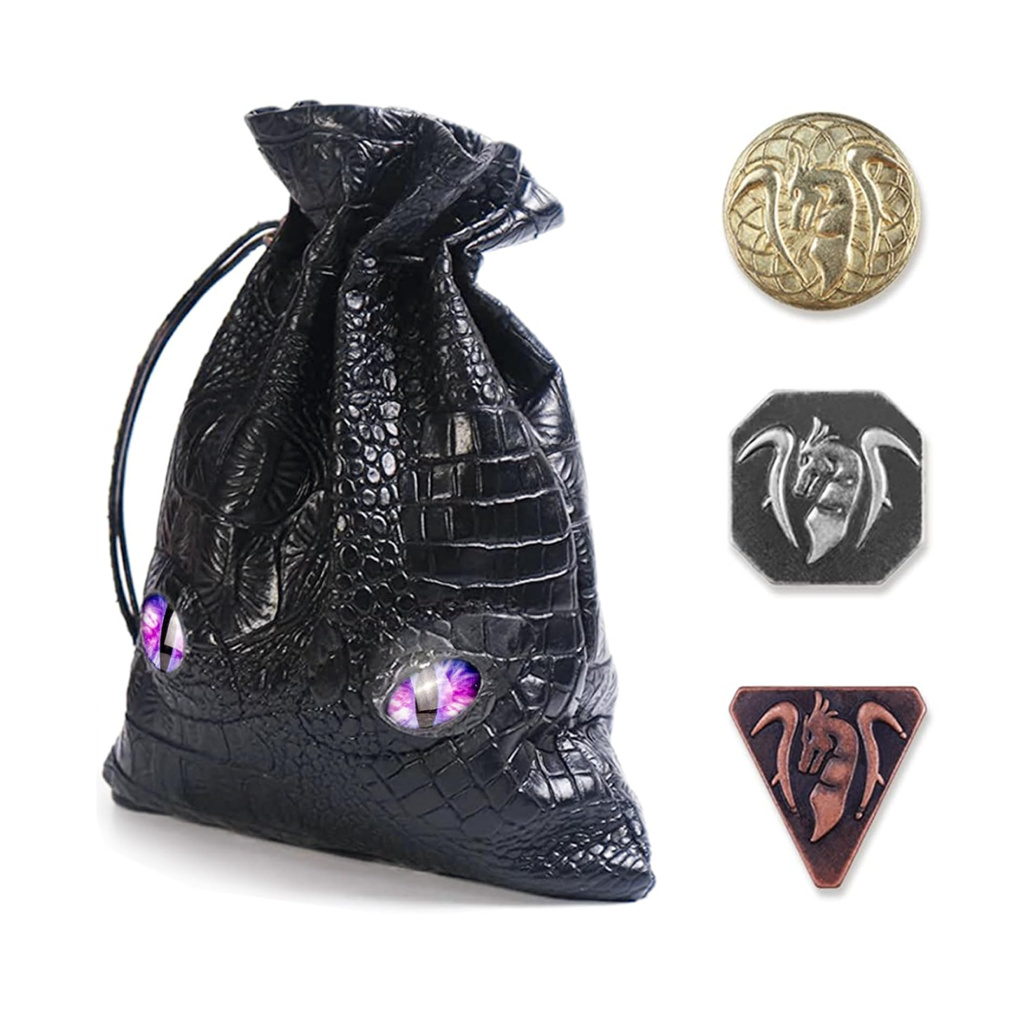 120PCS Metal Coins Gold, Silver and Copper & Dragon Luminous Eyes Leather Bag