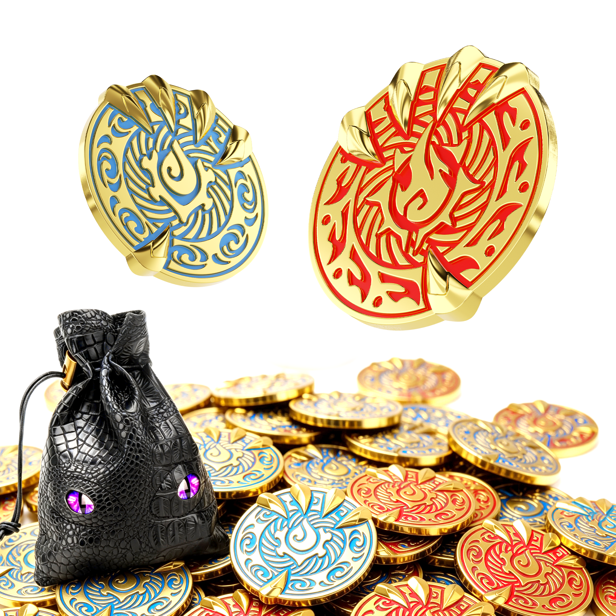 Byhoo Gold Coin, Savage Dragon Claw Metal Coins for DND with Mystical Green Eye Pouch, 3D Relief Water & Fire Element Enamel Treasure, Heavy Metal Dragon Claw Decision Tokens for Tabletop Games