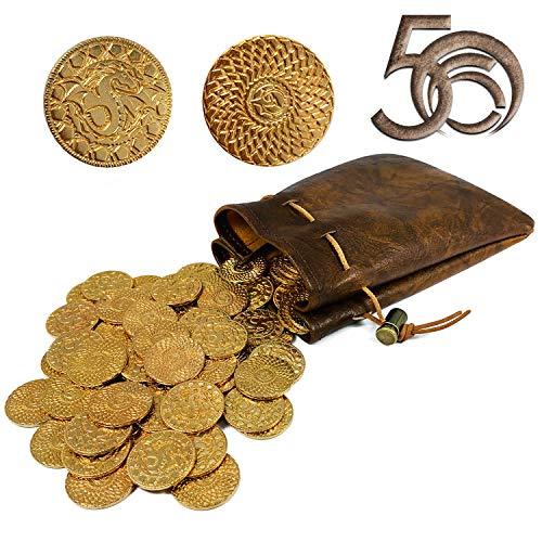50 DND Fantasy Metal Gold Coins & Leather Pouch for Dungeons & Dragons