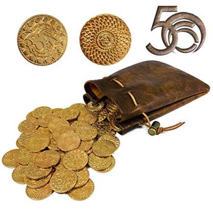 50 DND Fantasy Metal Gold Coins & Leather Pouch for Dungeons & Dragons 
