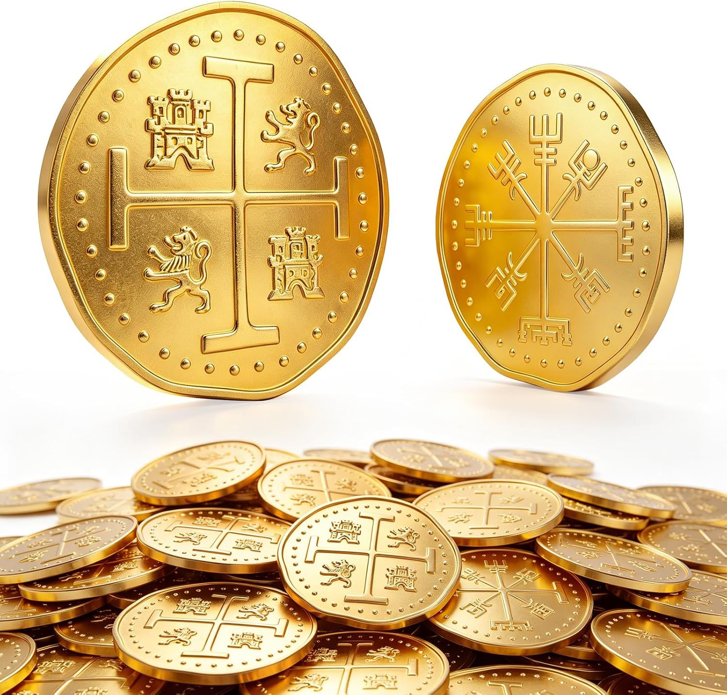 Byhoo Metal Pirate Coins, 30 Gold Treasure Coins Set, Metal Replica Spanish Doubloons, Pirate Treasure Chest Fake Coins Tokens, Realistic Money Imitation for Cosplay Toys Board Games