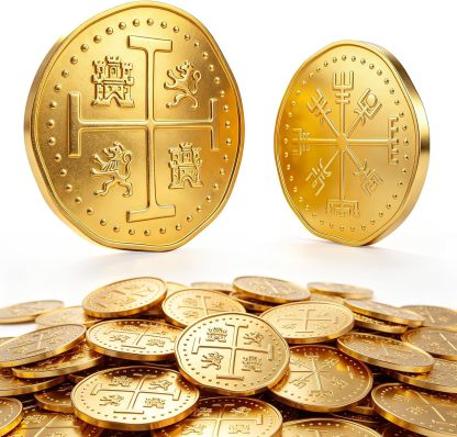 Byhoo Metal Pirate Coins, 30 Gold Treasure Coins Set, Metal Replica Spanish Doubloons, Pirate Treasure Chest Fake Coins Tokens, Realistic Money Imitation for Cosplay Toys Board Games