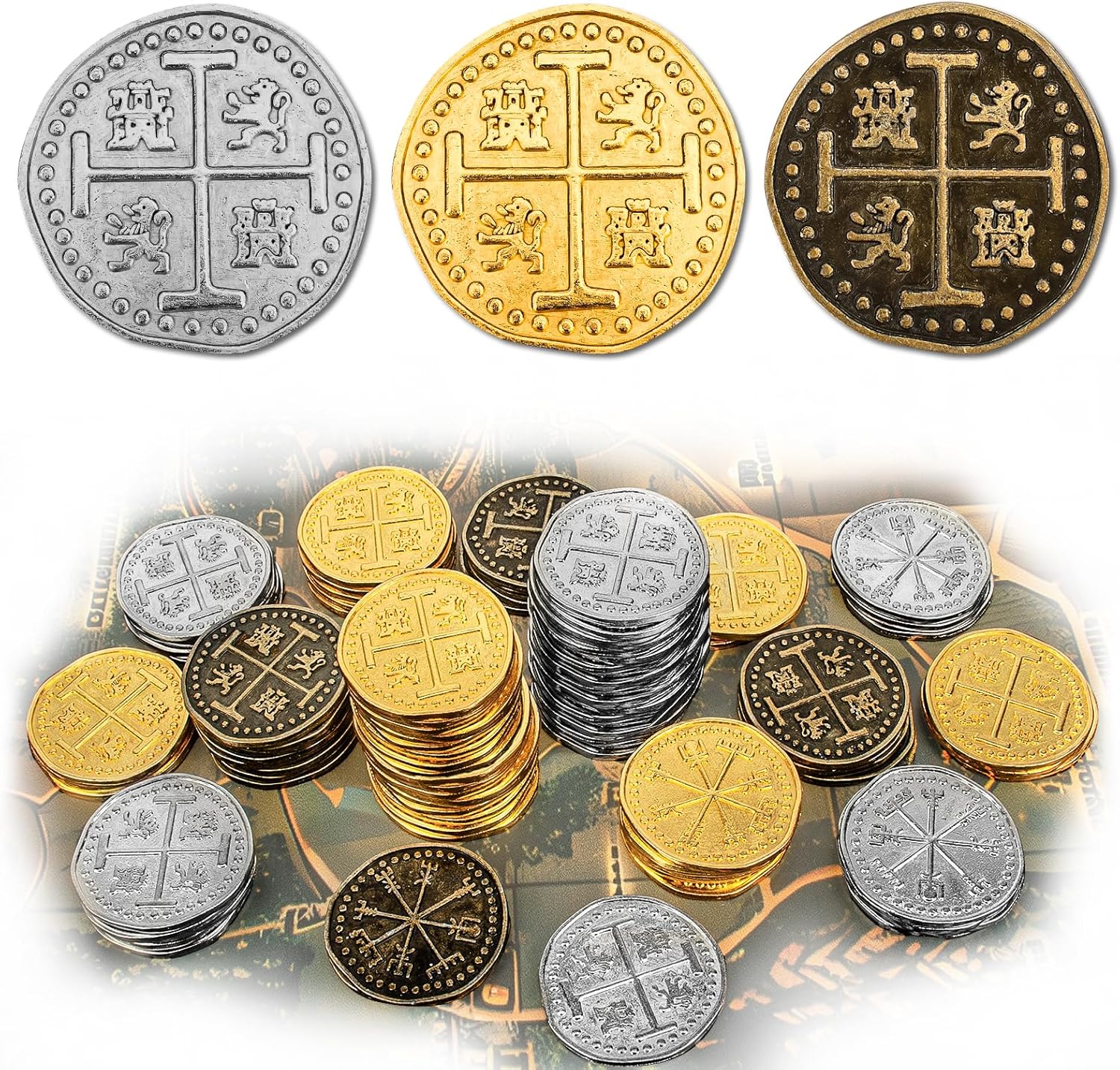 Byhoo Metal Pirate Token Coins Set, Realistic Treasure Spanish Currency Coins for Pirate Treasure Chest Treasure Hunt Cosplay Toy Board Game