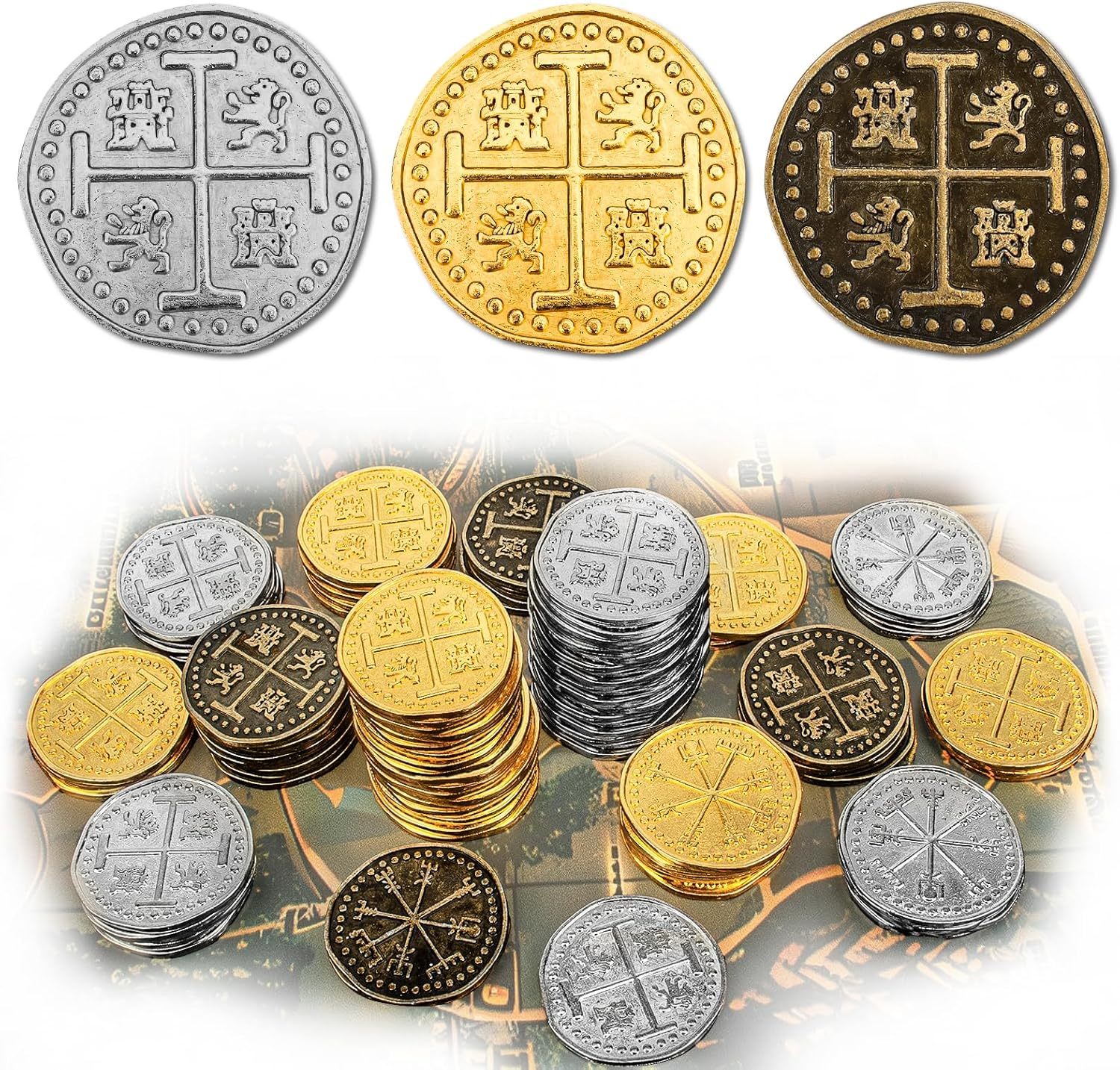Byhoo Metal Pirate Token Coins Set, Realistic Treasure Spanish Currency Coins for Pirate Treasure Chest Treasure Hunt Cosplay Toy Board Game