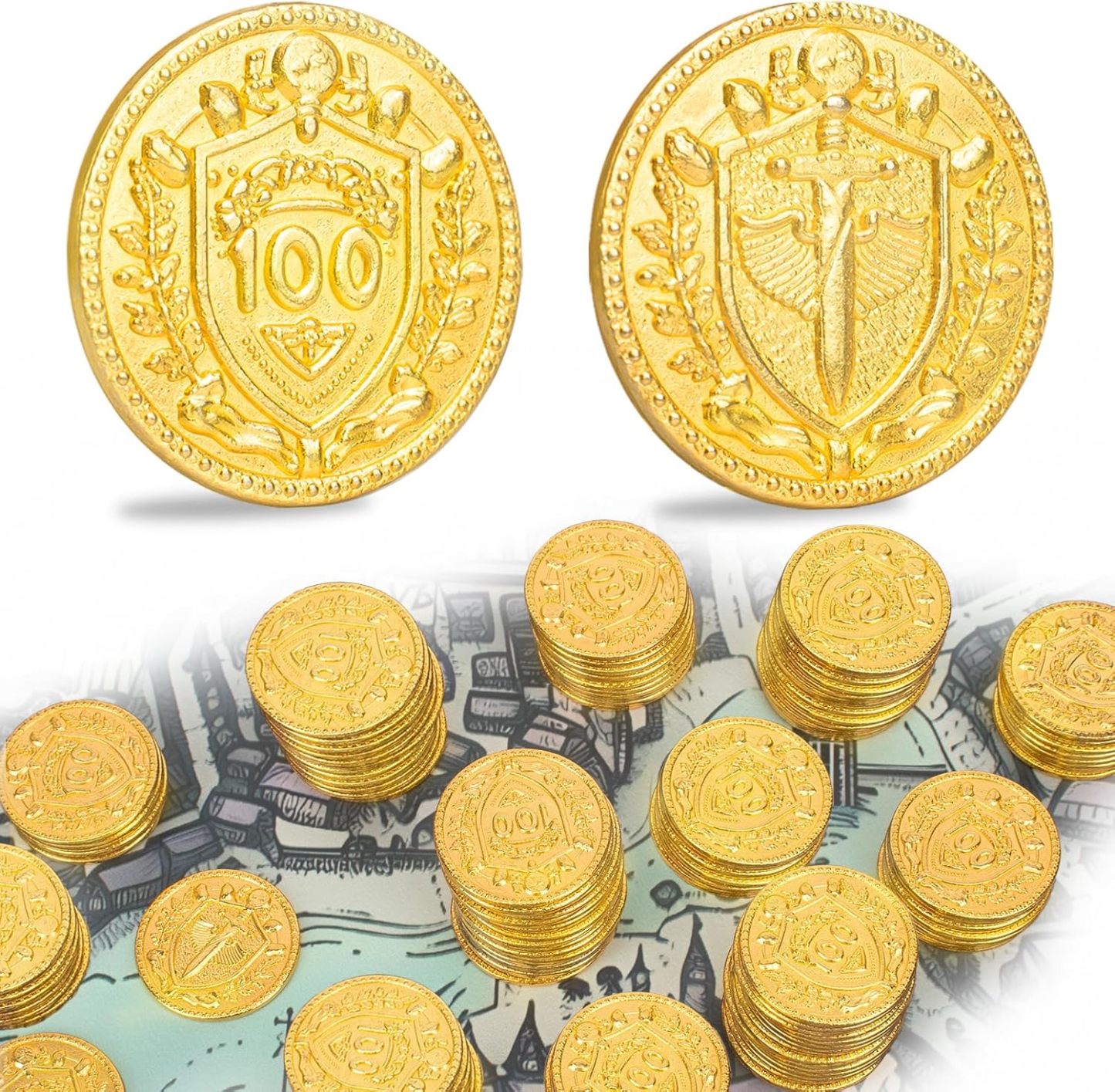 Byhoo 30PCS Metal DND Coins, 1.2" Gold Tokens with 100 Face Value for Board Game and Tabletop RPG, Fantasy Metal Coins for Pathfinder,Pirate Game and Party Cosplay