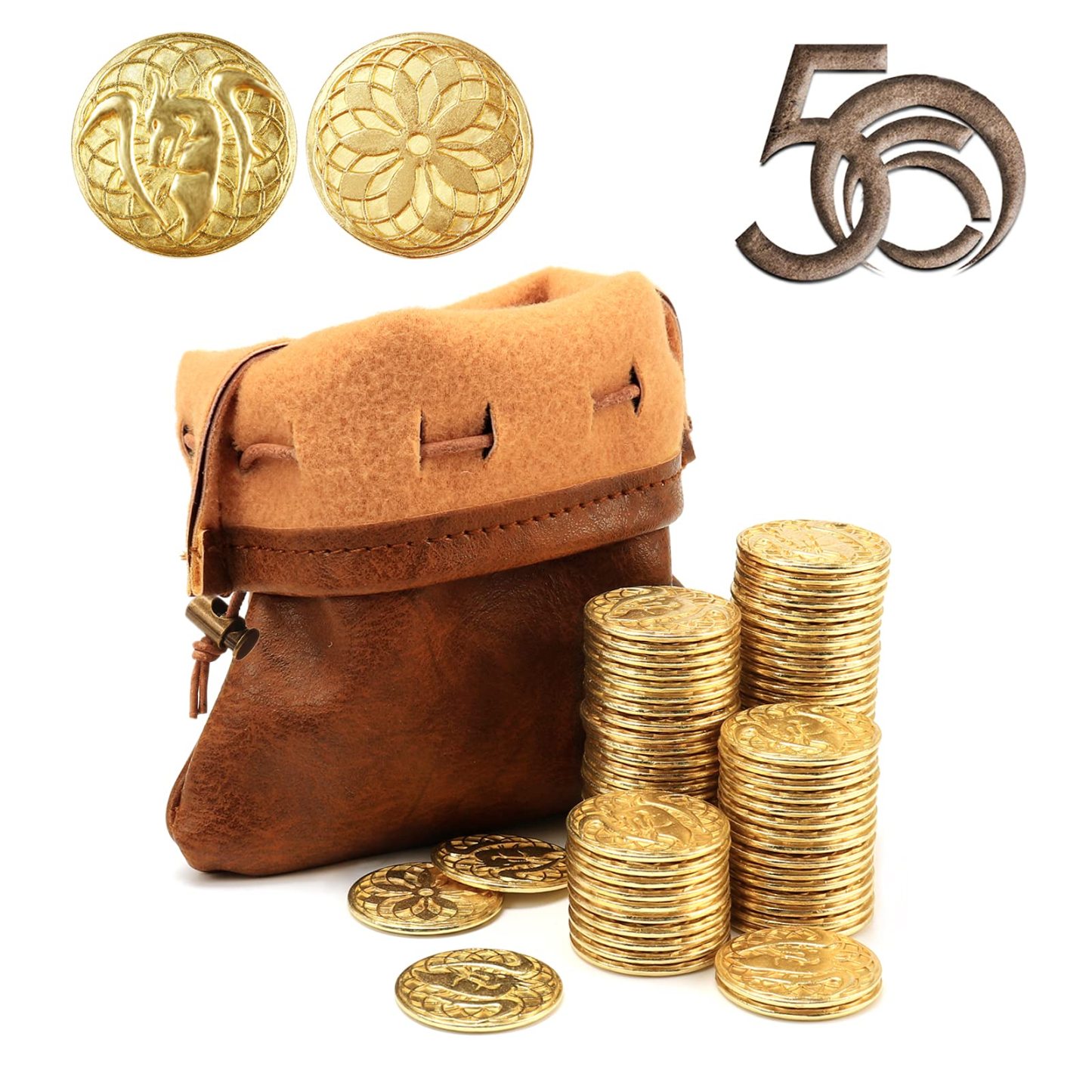 50 PCS Gold Coins & PU Leather Bag, DND Metal Coins
