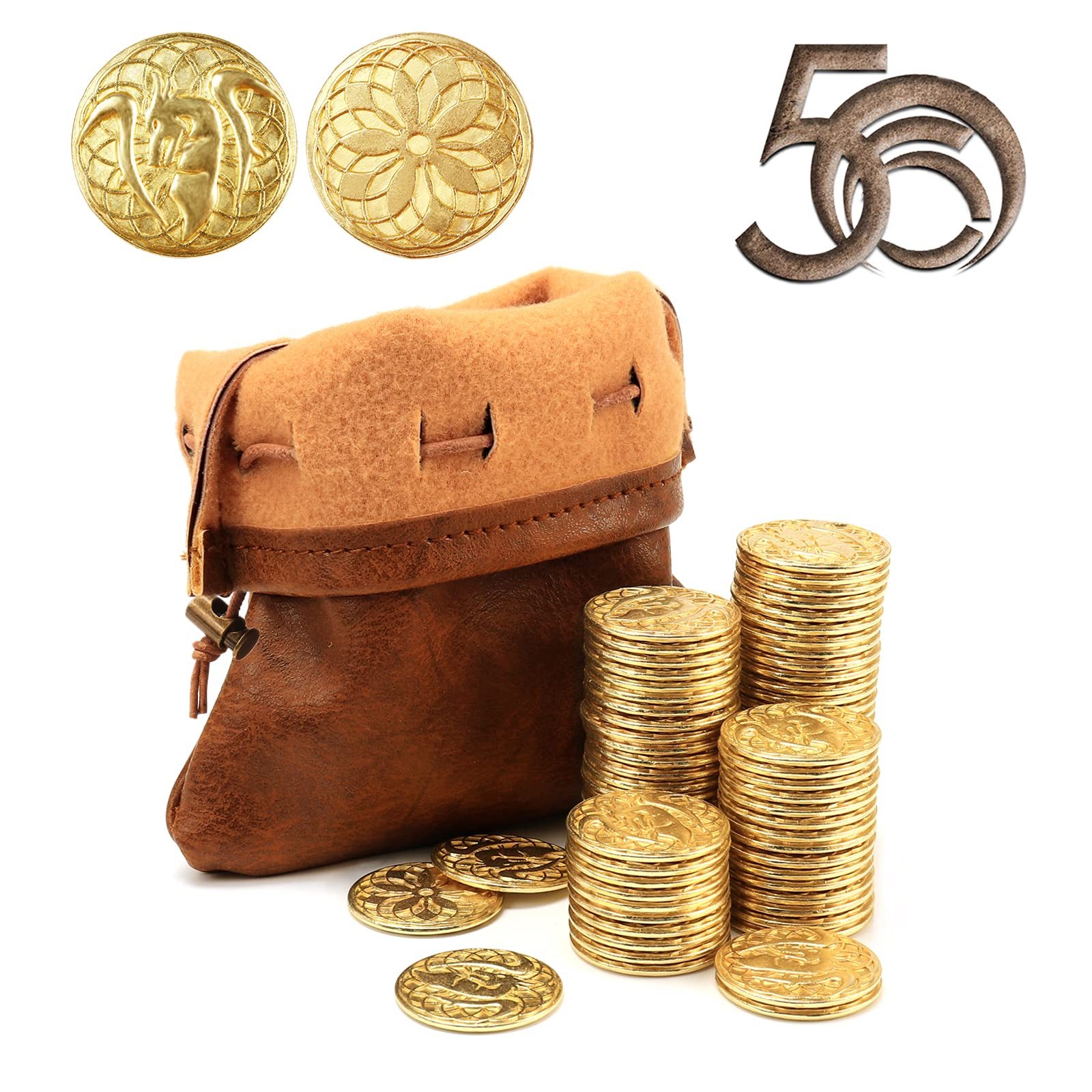 50 PCS Gold Coins & PU Leather Bag, DND Metal Coins