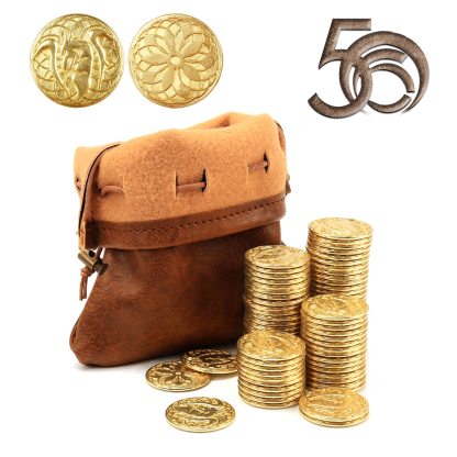 50 PCS Gold Coins & PU Leather Bag, DND Metal Coins