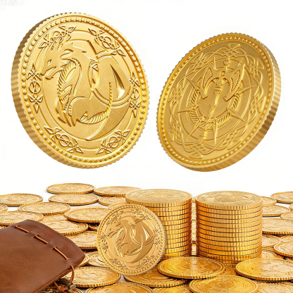 Byhoo Gold Coins 100 PCS Coins for Collectors, Dragon Yue DND Metal Coins with Leather Pouch, Large Treasure Set for Dungeons and Dragons, Heavy Metal Double-Sided Dragon & Axe Relief RPG Accessories