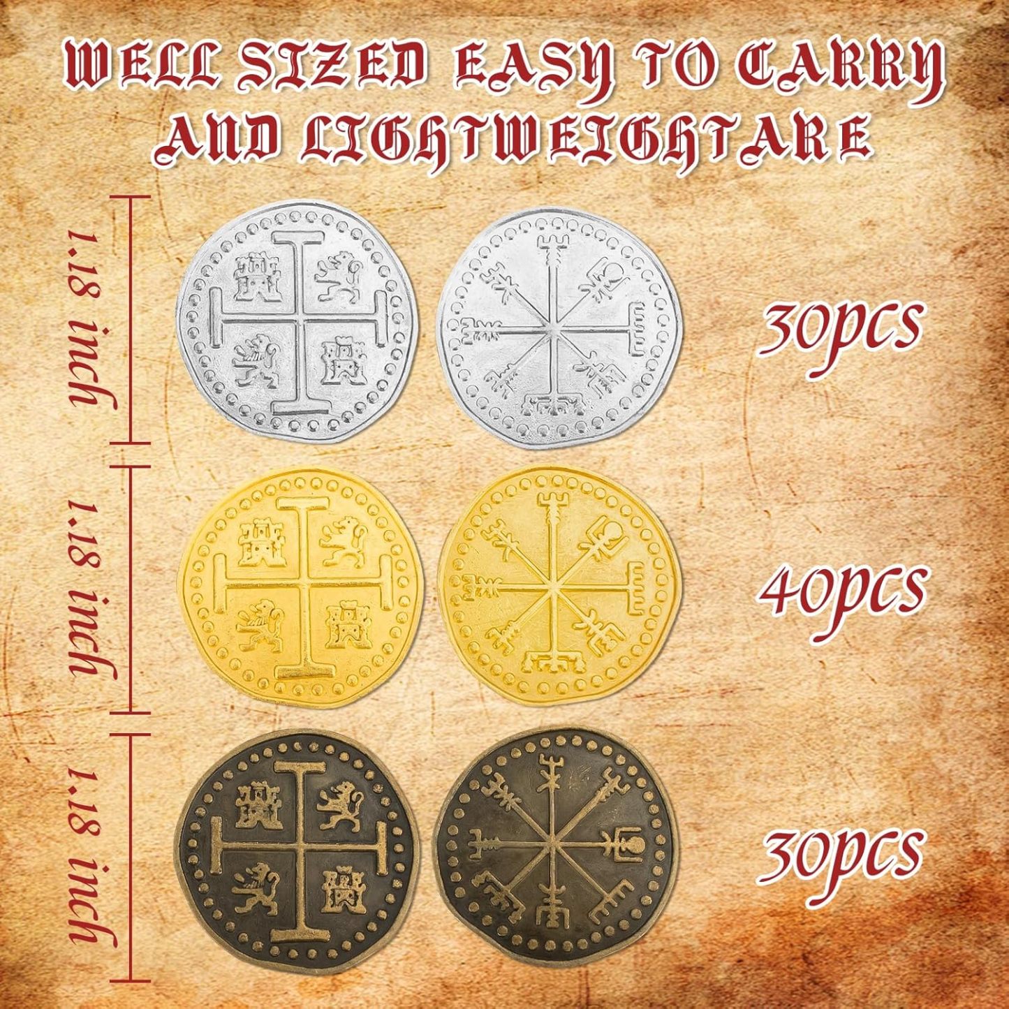 Byhoo Metal Pirate Token Coins Set, Realistic Treasure Spanish Currency Coins for Pirate Treasure Chest Treasure Hunt Cosplay Toy Board Game