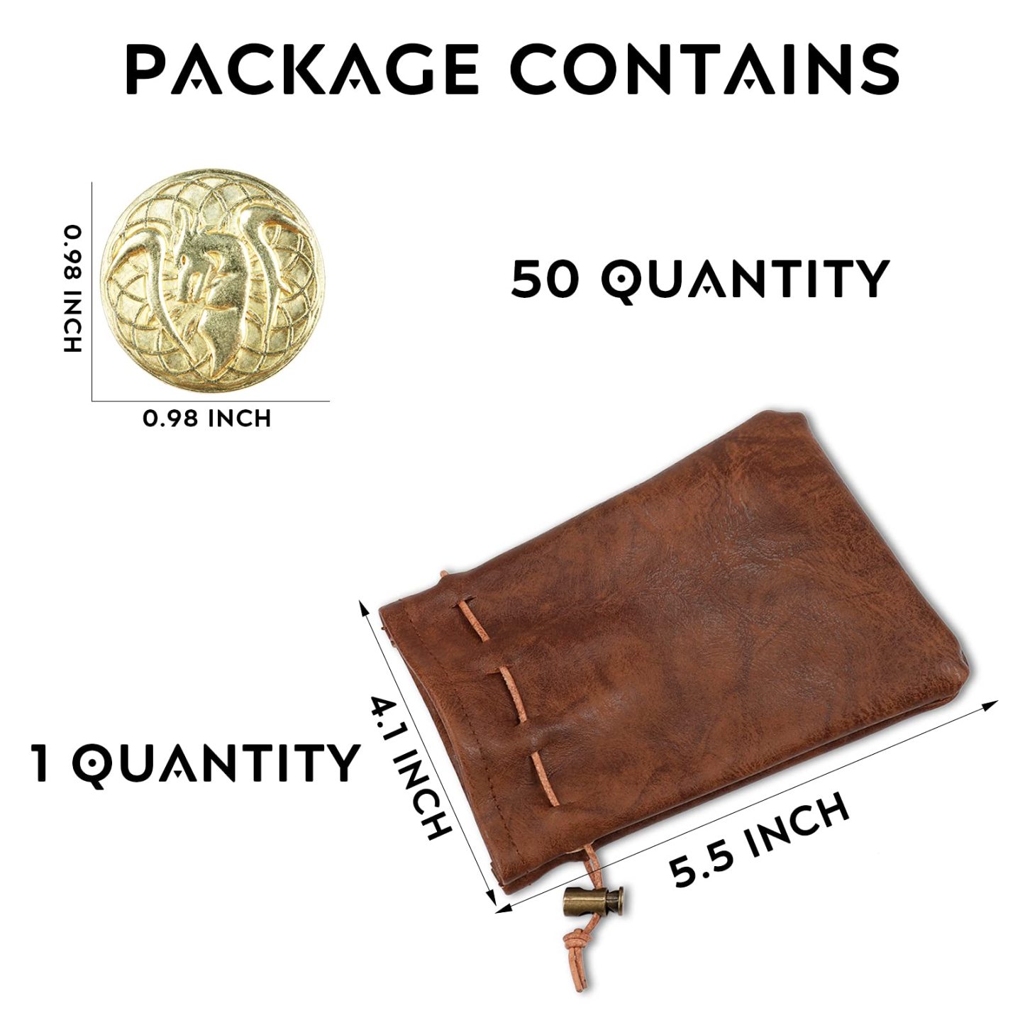 50 PCS Gold Coins & PU Leather Bag, DND Metal Coins