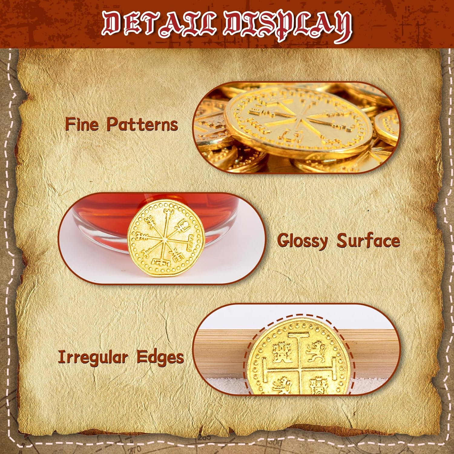 Byhoo Metal Pirate Coins, 30 Gold Treasure Coins Set, Metal Replica Spanish Doubloons