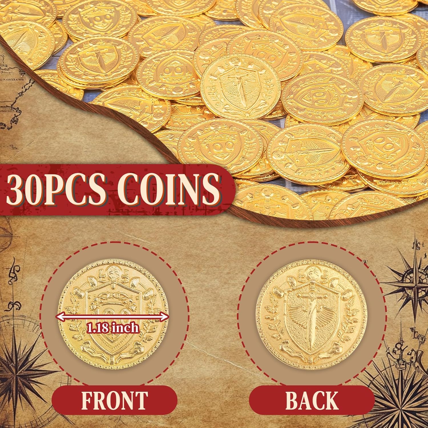 Byhoo 30PCS Metal DND Coins, 1.2" Gold Tokens with 100 Face Value for Board Game and Tabletop RPG, Fantasy Metal Coins for Pathfinder,Pirate Game and Party Cosplay