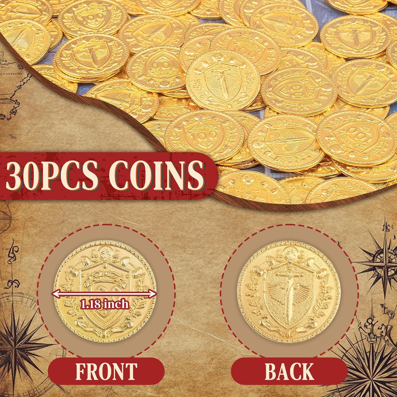 Byhoo 30PCS Metal DND Coins, 1.2" Gold Tokens with 100 Face Value for Board Game and Tabletop RPG, Fantasy Metal Coins for Pathfinder,Pirate Game and Party Cosplay