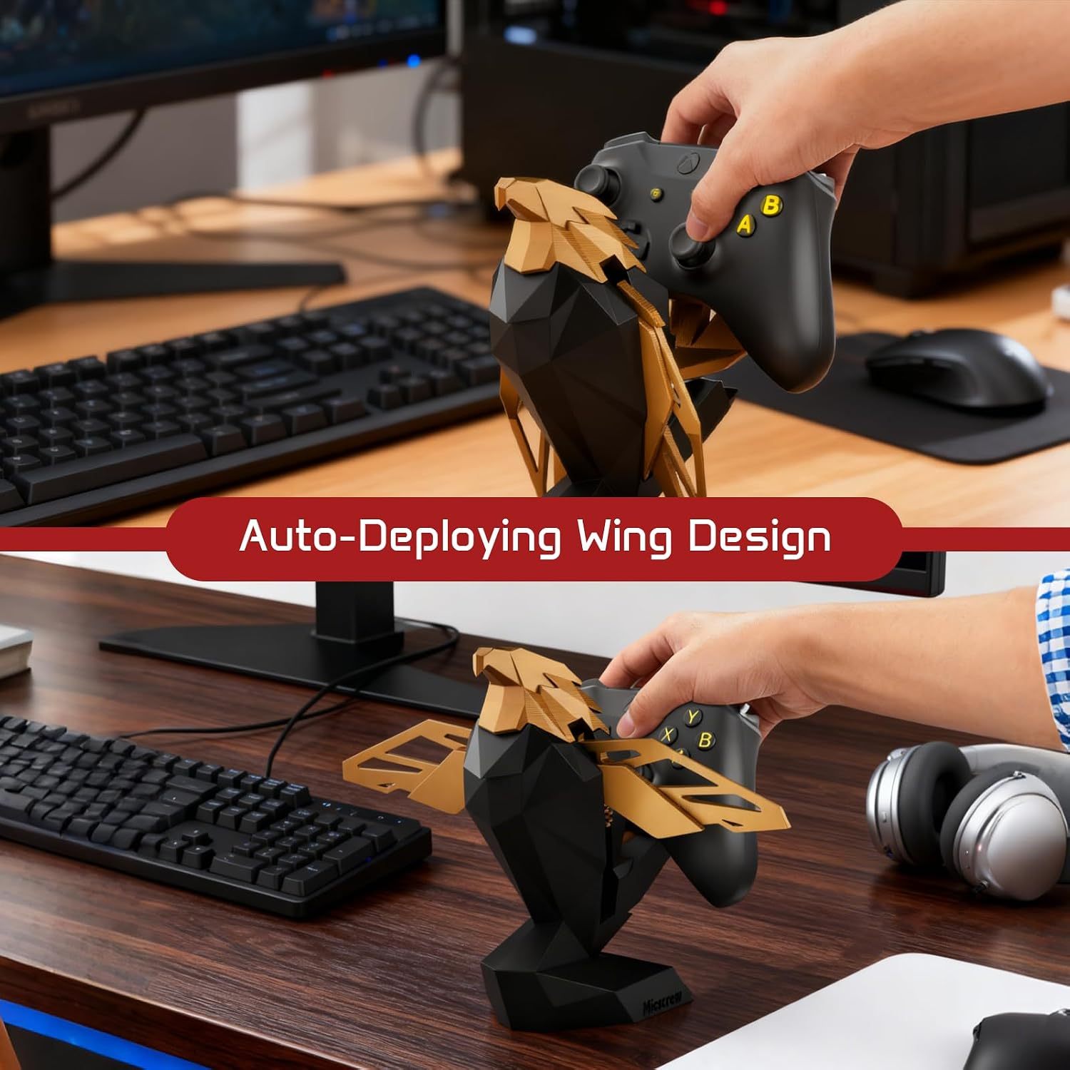 Controller Holder for Xbox/PS/Switch – Celebrity Black & Gold Eagle Stand, Auto-Spreading Wings, Dual Placement, Scratch-Free Curved Tail Design