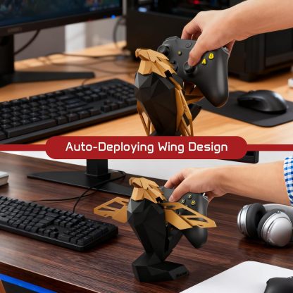 Controller Holder for Xbox/PS/Switch – Celebrity Black & Gold Eagle Stand, Auto-Spreading Wings, Dual Placement, Scratch-Free Curved Tail Design