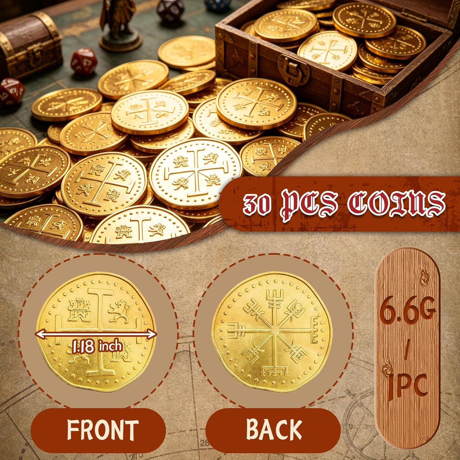 Byhoo Metal Pirate Coins, 30 Gold Treasure Coins Set, Metal Replica Spanish Doubloons, Pirate Treasure Chest Fake Coins Tokens, Realistic Money Imitation for Cosplay Toys Board Games