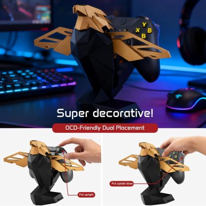 Controller Holder for Xbox/PS/Switch – Celebrity Black & Gold Eagle Stand, Auto-Spreading Wings, Dual Placement, Scratch-Free Curved Tail Design