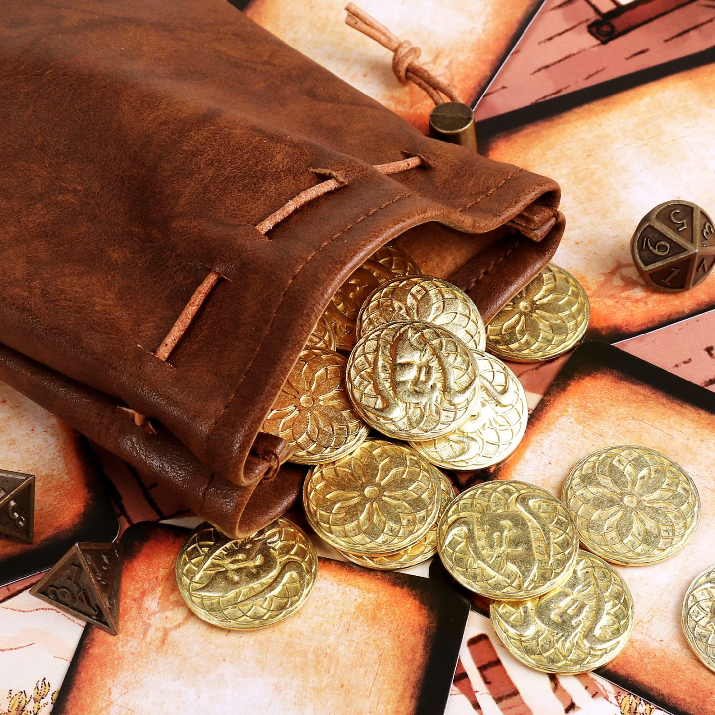 50 PCS Gold Coins & PU Leather Bag, DND Metal Coins