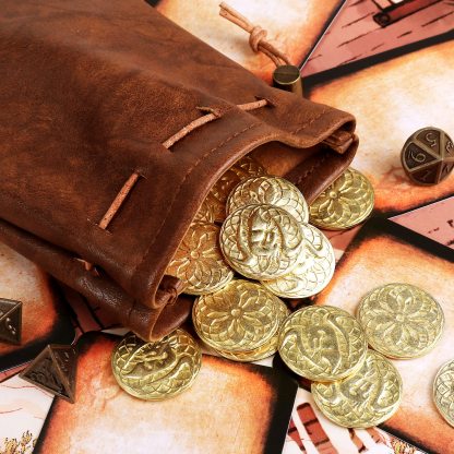 50 PCS Gold Coins & PU Leather Bag, DND Metal Coins