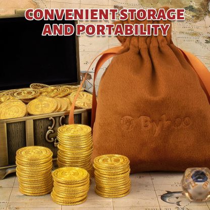Byhoo Metal Gold Coins,DND Pirate Coins,Stress Relief Tool,with Velvet Drawstring Pouch for Board Games,Role Playing,Treasure Hunts,Pirate Adventure Themed Play Favor