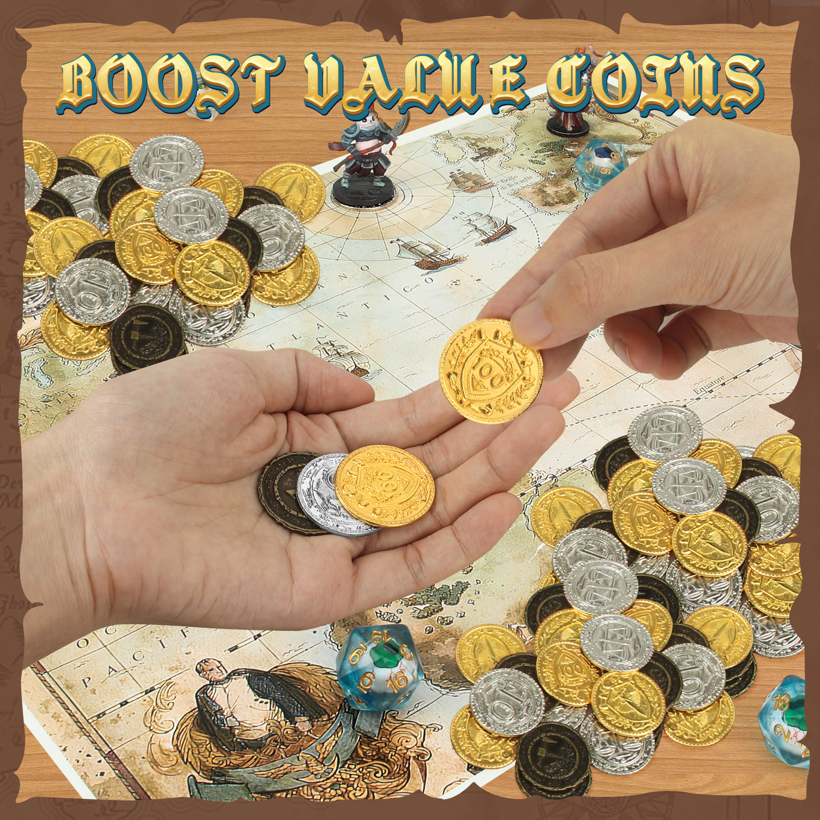 Byhoo Metal DND Coins, 1.2" Gold Silver Copper Tokens with Face Value for Board Game and Tabletop RPG, Fantasy Metal Coins for Pirate Game Party Cosplay
